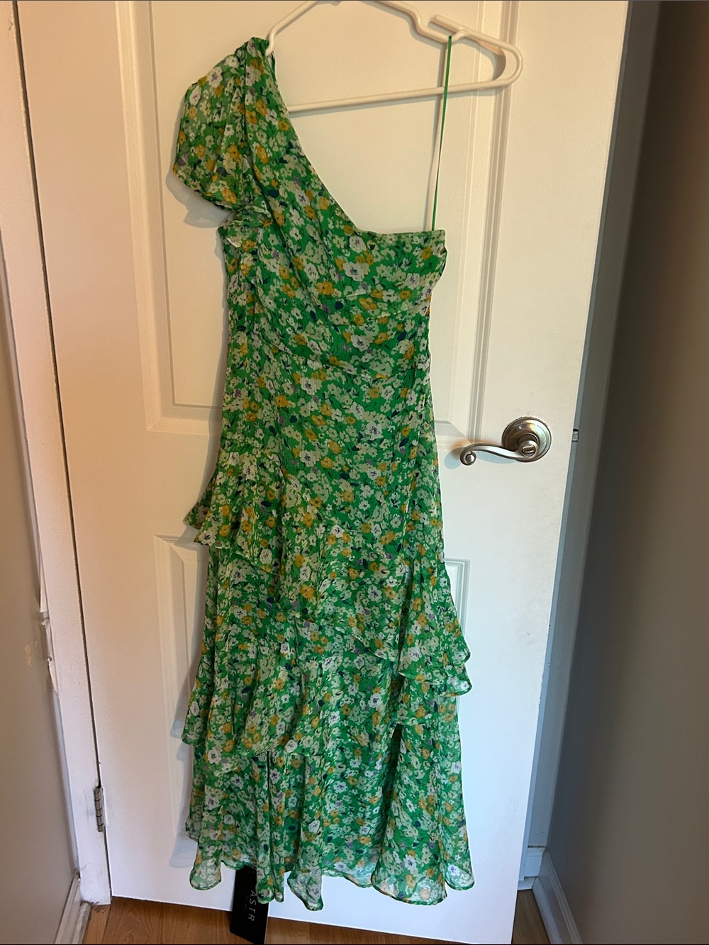 Astr One-Shoulder Green Floral Ruffle Maxi Dress